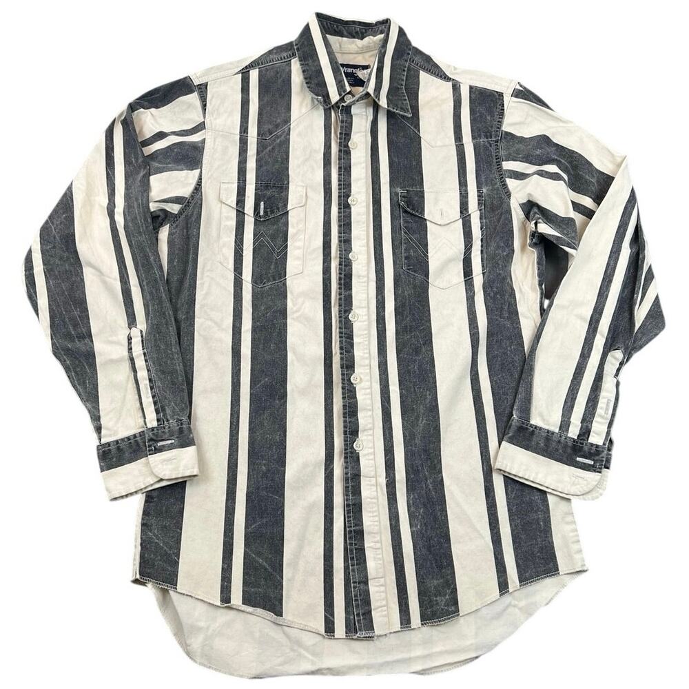 Vintage 90s Wrangler Western Shirt Black White Bold Stripe Cowboy Mens M 15.5 34